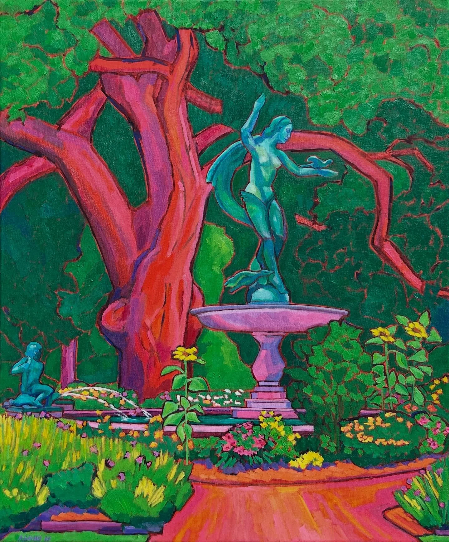 My painting &ldquo;New Orleans Audubon Park&rdquo; will be on display at #leedy-voulkos this first friday Aug. 1st along with other paintings from my travels &hellip; stop by! painting with friends... #aubudonparkpainting #paintingonsite #pleinairpai