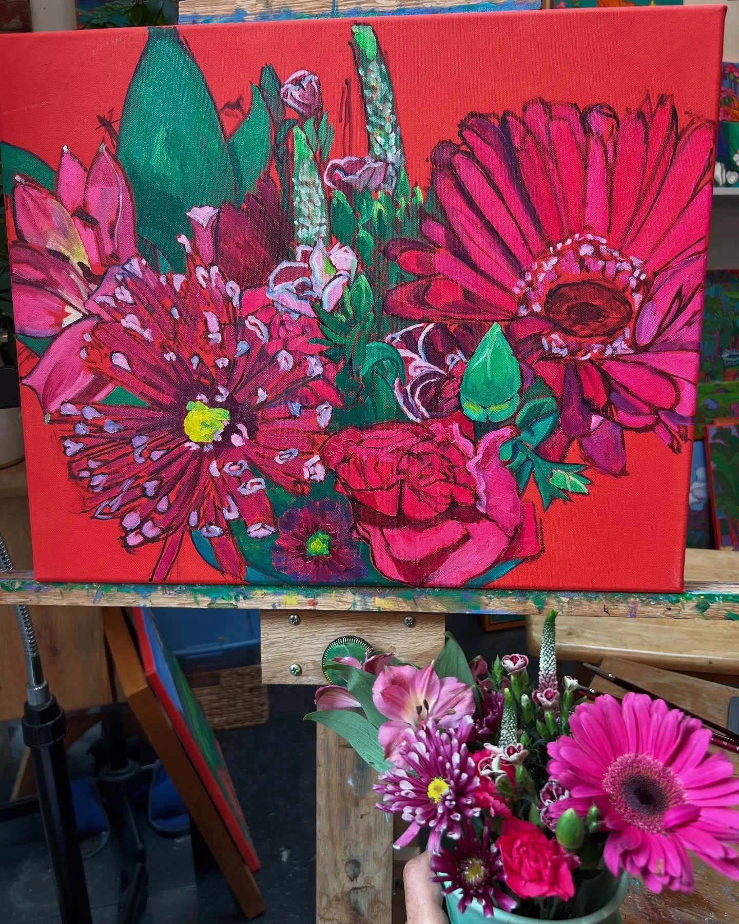 Day 24 #stradaeasel challenge&hellip; made progress on new painting &ldquo;Bouquet of Pinks&rdquo;&hellip; challenge is to paint daily the month of September&hellip; #kcartist #oilpainting #painting #expressionism #stilllife #contemporaryart #landsca