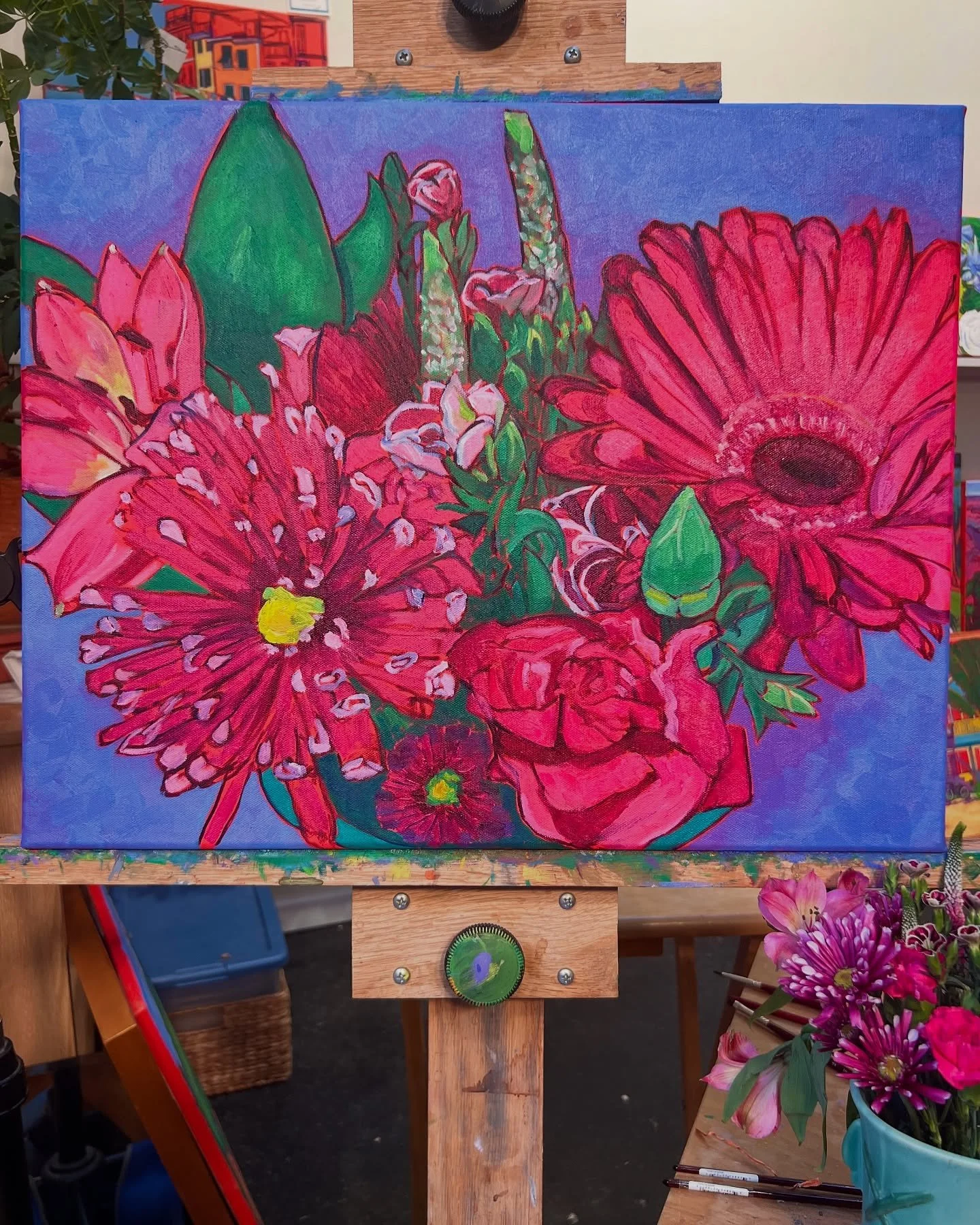 Day 25 #stradaeasel challenge&hellip; made more progress on new painting &ldquo;Bouquet of Pinks&rdquo;&hellip; challenge is to paint daily the month of September&hellip; #kcartist #oilpainting #painting #expressionism #stilllife #contemporaryart #la