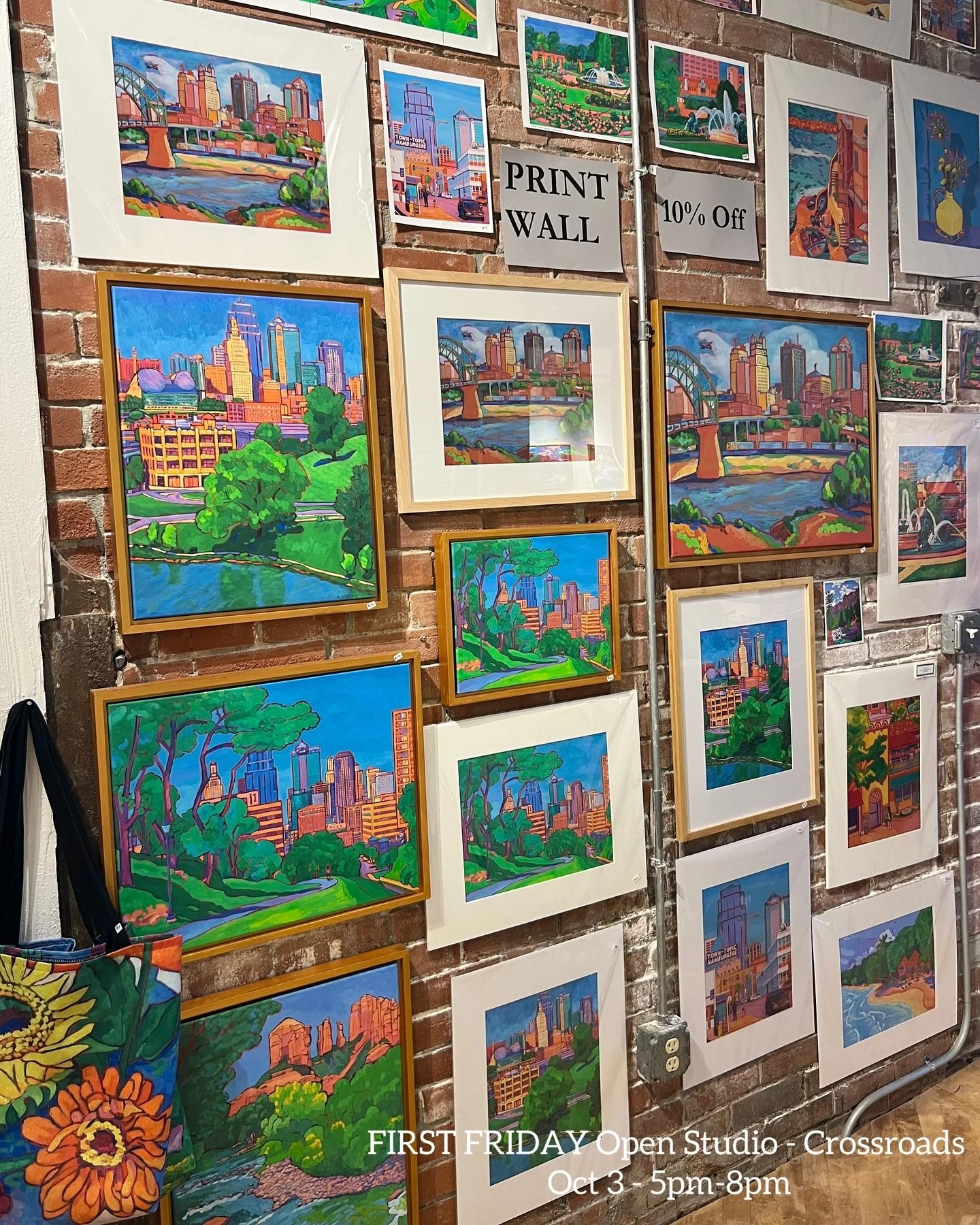 Many paintings on display &hellip;and here is a photo of my Print Wall up and ready for tomorrow&rsquo;s First Friday Open Studio/Gallery in the Crossroads Art District in Kansas City 🥰&hellip;stop by 4:30pm-8pm&hellip; #kcartist #oilpainting #paint