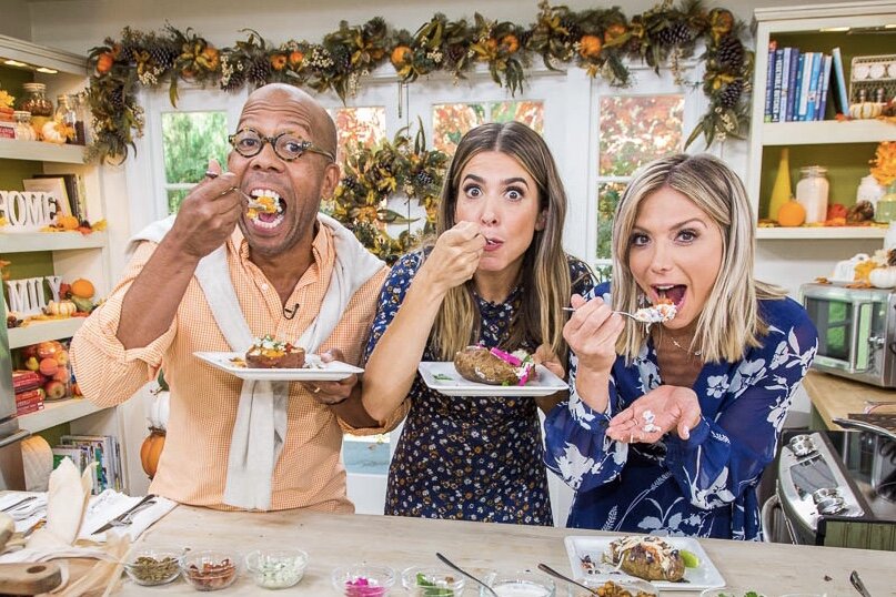 Debbie Matenopoulos and Cameron Mathison welcome cookbook author Pamela Salzman and she prepares a plum almond galette. Actor Ryan Carnes talks about “Beyond the Sky.” The screenwriters of the Hallmark Channel original movie “Season for Love,” Heather Provost and Scott Damian visit our home. The Ritz-Carlton, Lake Tahoe's executive chef, Mark Jeffers cooks crispy snapper with goat cheese grits. Balsam Hill ambassador, Courtney Allison joins us with a beautiful fall tablescape. Debbie, Ken Wingard, and Orly Shani whip up loaded baked potatoes. Ken has a thrift store porch makeover for fall. Lawrence Zarian is here with trendy poncho fashions. Paige Hemmis shares tips for selling a home this fall. Orly shows us DIY surprise gift balls. Credit: © 2018 Crown Media United States, LLC | Photo: Kim Nunneley / Alexx Henry Studios, LLC.