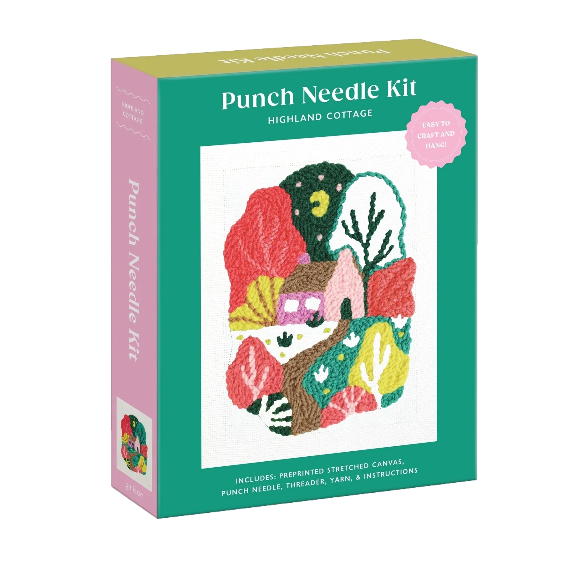 Box for Highland Cottage punch needle kit featuring an embroidered design of a cottage surrounded by trees at night on preprinted stretched canvas, with tools and instructions included.
