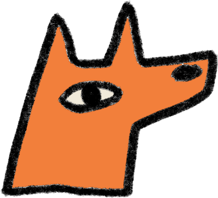 Simple drawing of an orange fox with a black eye patch, black nose, and spiky ears on a black background.