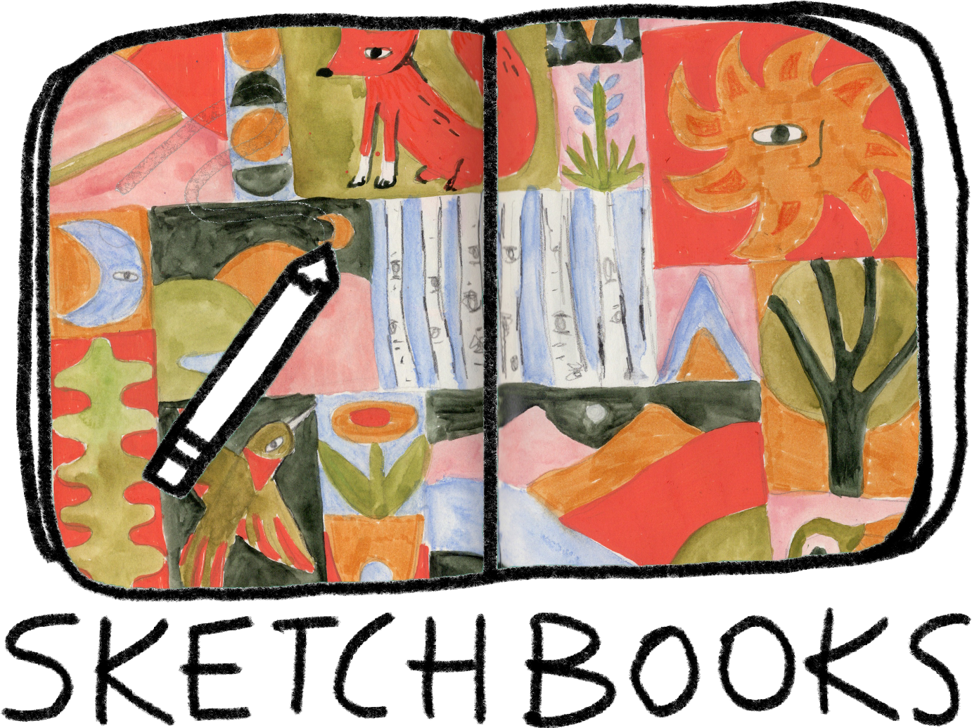 A colorful, abstract painting of various nature-themed illustrations including a fox, trees, a sunflower, a mountain, a flower in a pot, and geometric shapes, all painted in a watercolor style with orange, red, green, blue, and black colors.