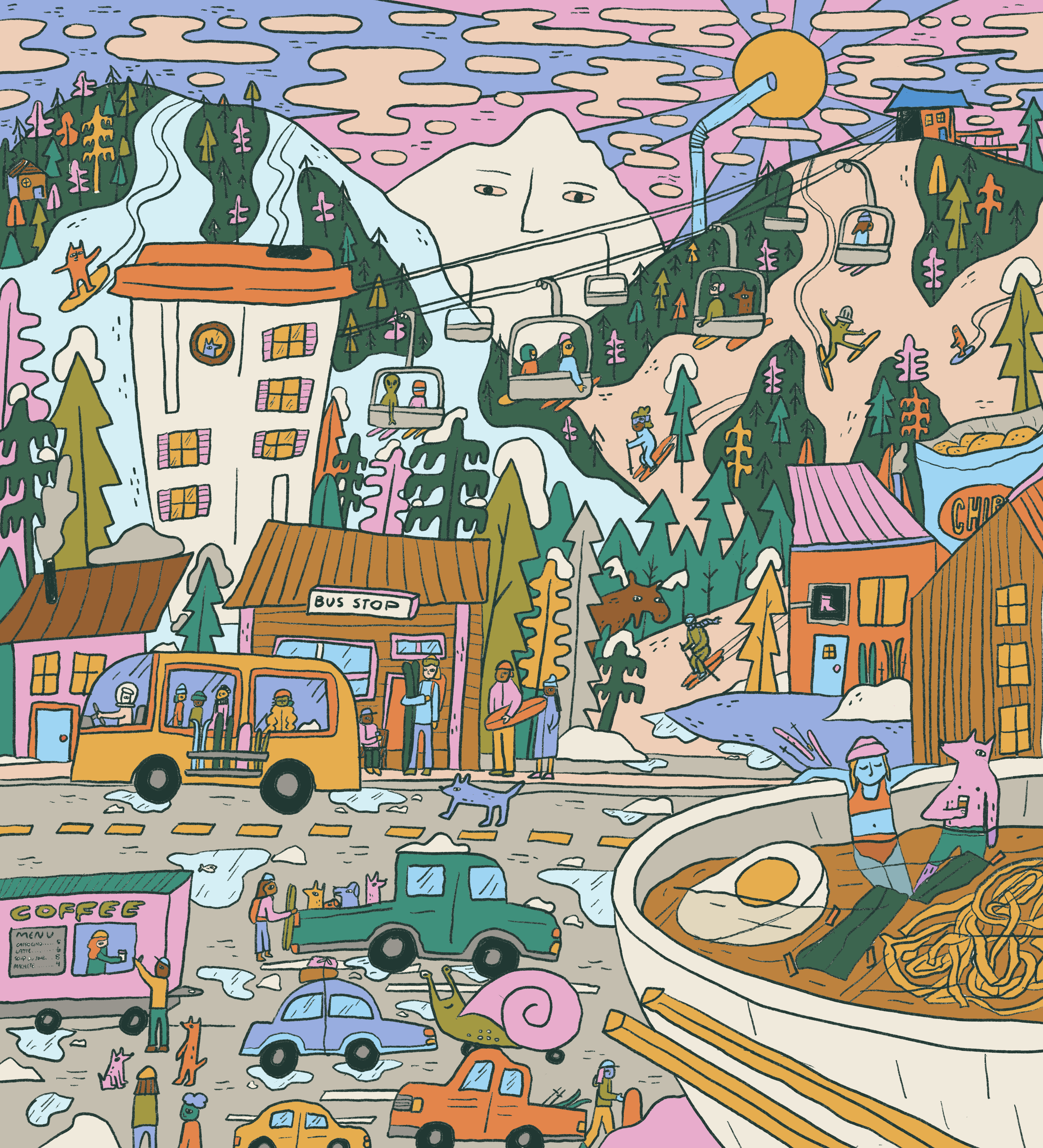 A colorful illustrated scene of a ski resort village with buildings, a ski lift with people, skiers, snowboarders, a person holding a coffee, a cat, a pig, a snail, and a large mountain with a face. The background shows a sunset sky and trees covered in snow.