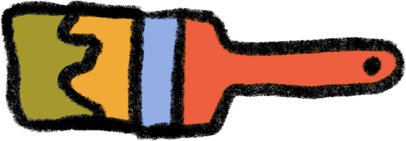 A colorful abstract drawing resembling a paintbrush with four vertical sections in olive green, dark blue, light blue, and red.