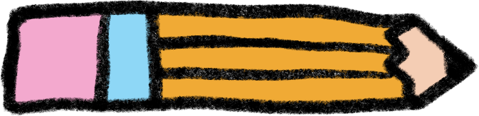 Drawing of a pencil with a pink eraser, a light blue ferrule, and a yellow body with a pink tip, resting horizontally.