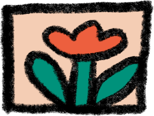 A simple drawing of a flower with an orange bloom and green leaves on a beige background.