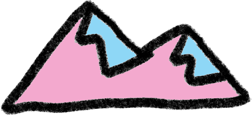 Pink mountain with light blue snow-capped peaks.