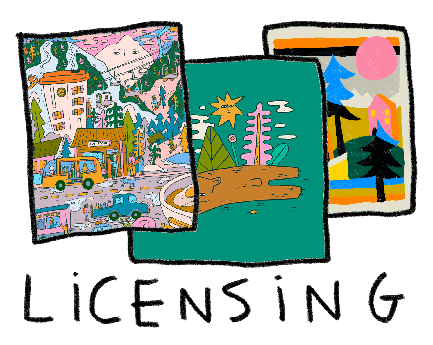 Three colorful illustrated postcards showing different outdoor scenes with buildings, nature, and people.