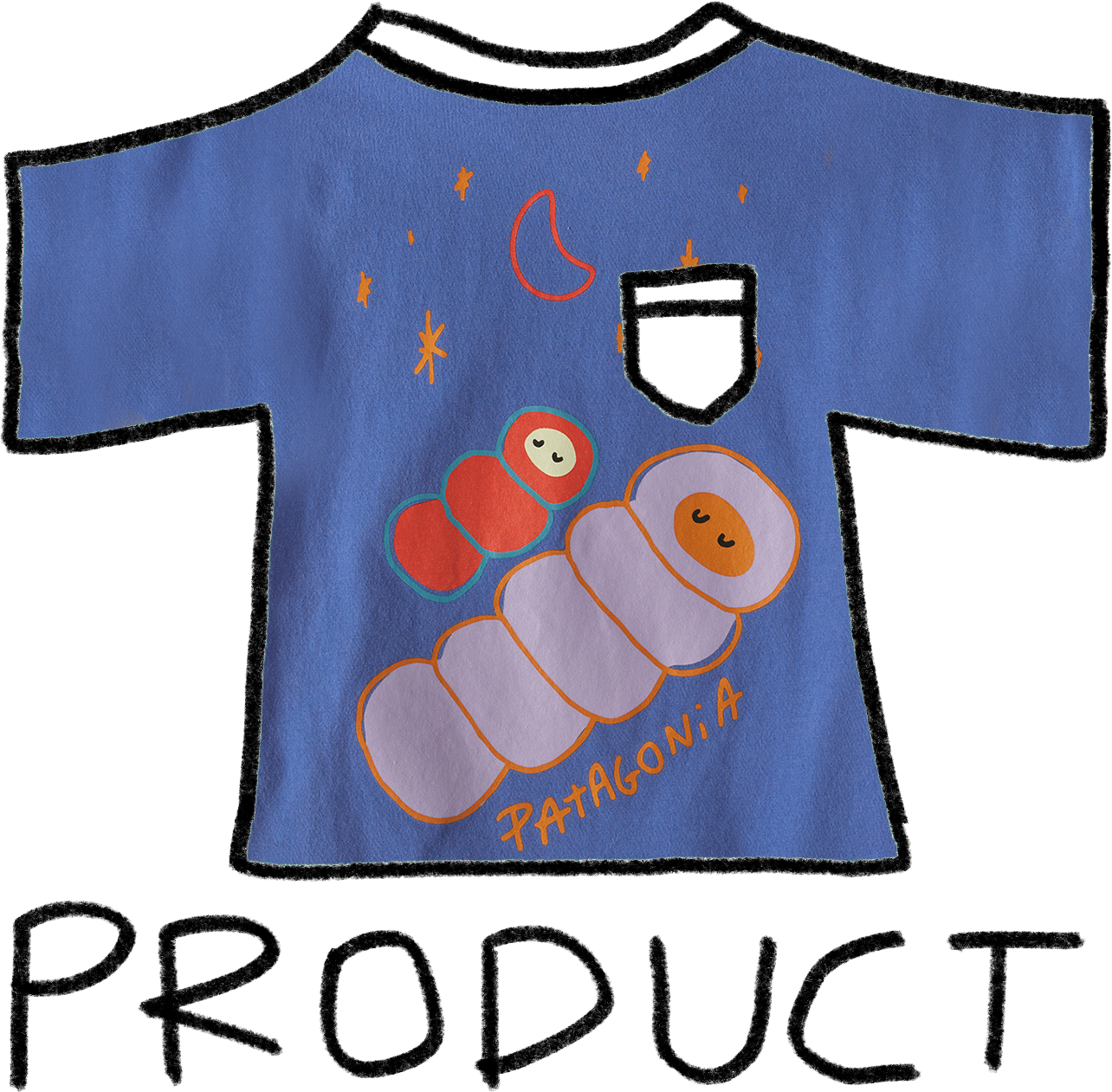 A blue T-shirt with a cosmic theme featuring cartoon illustrations of planets, stars, and a spaceship. The design includes a worm with a smiling face, the word "Patagonia" at the bottom, and a pocket on the chest.