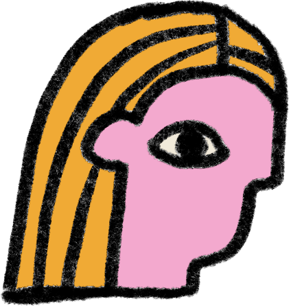 Stylized abstract character with pink face, single eye, black nose, and yellow hair against a black background.
