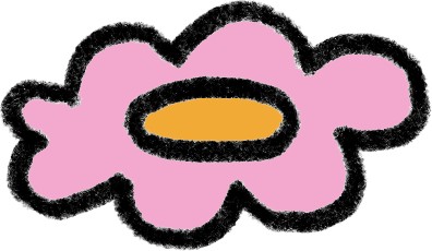 A pink flower with a black outline and an orange center.