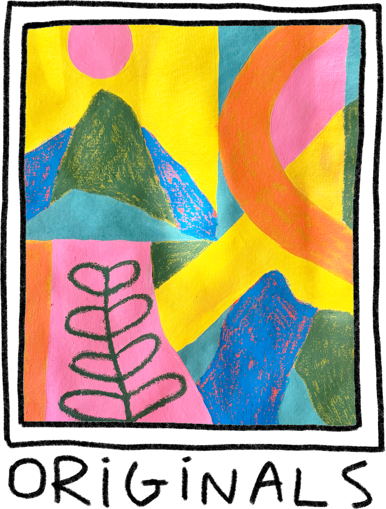 Abstract colorful artwork featuring geometric shapes, list of textured mountains, a pink circle, a pink rectangle with a black leaf-outline design, and a rainbow-like arc.