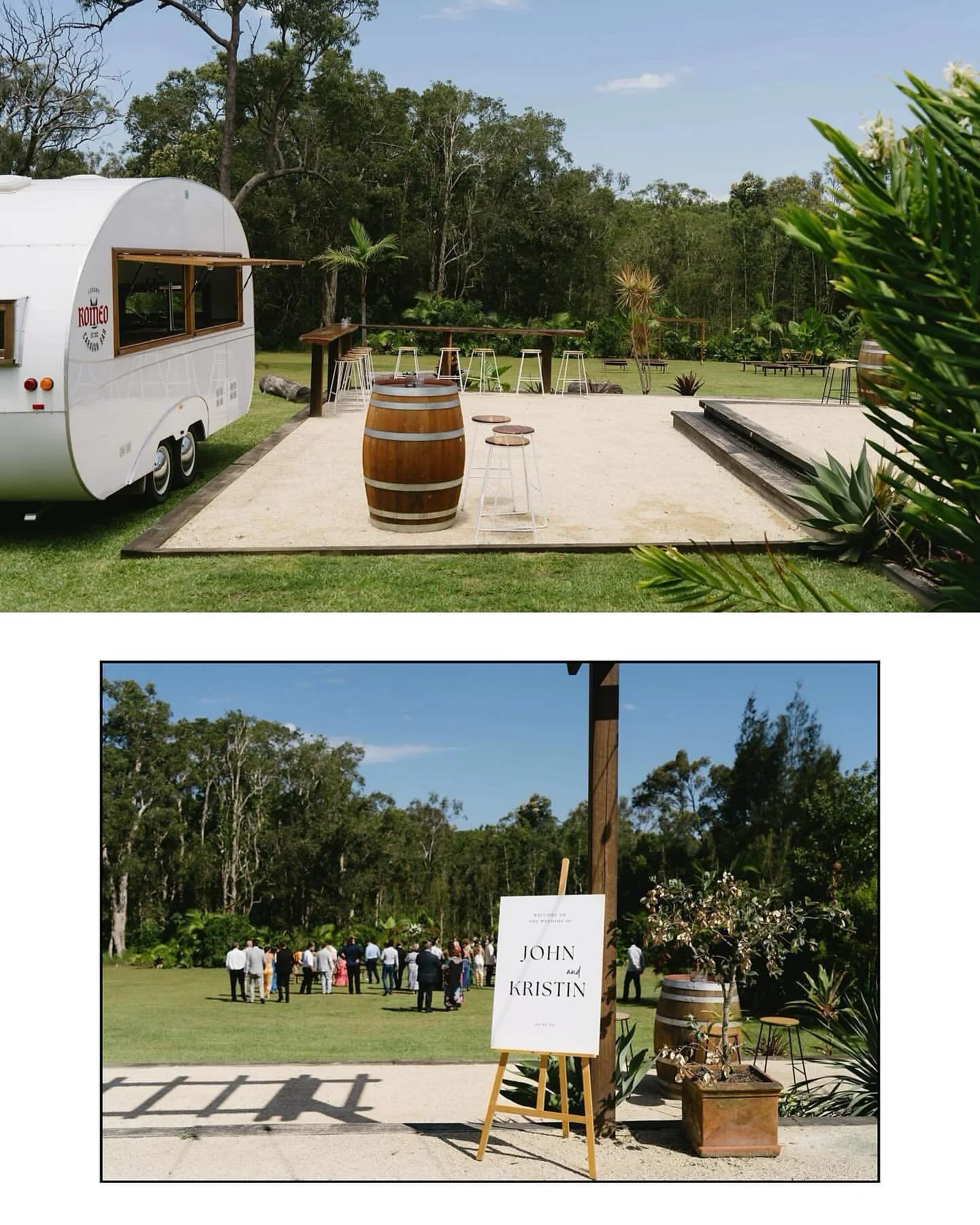 Outdoor wedding venue with a grassy area, trees in the background, and a large group of people gathered. There is a sign on an easel that reads "John and Kristin," indicating a wedding or celebration.