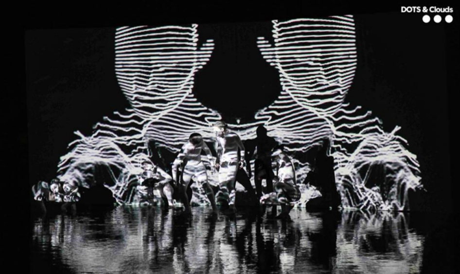 Digital art installation with human figures and abstract white lines on a dark background, creating an illusion of movement and depth.