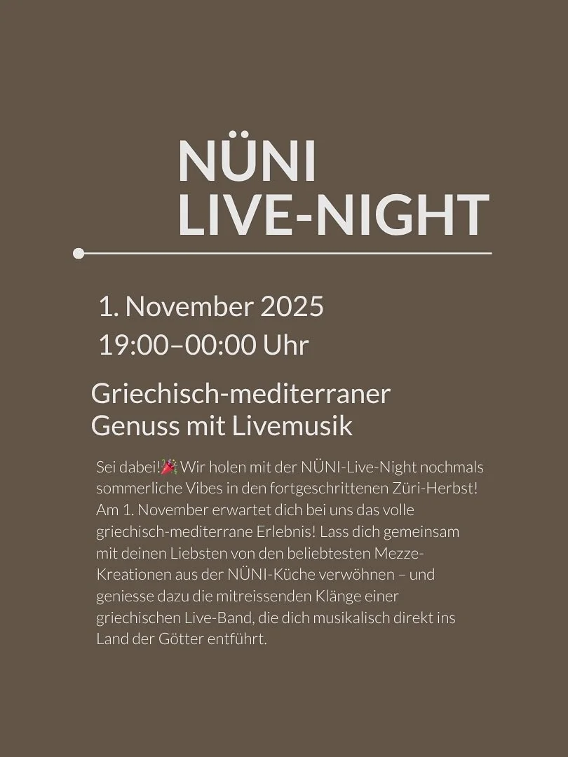 We've done it once and we do it again!
Wir holen mit der NÜNI-Live-Night nochmals sommerliche Vibes in den fortgeschrittenen Züri-Herbst!
📆 Samstag, 1. November 2025, 19:00 Uhr
📍 NÜNI, Altstetten
🎟️ Link in der Bio