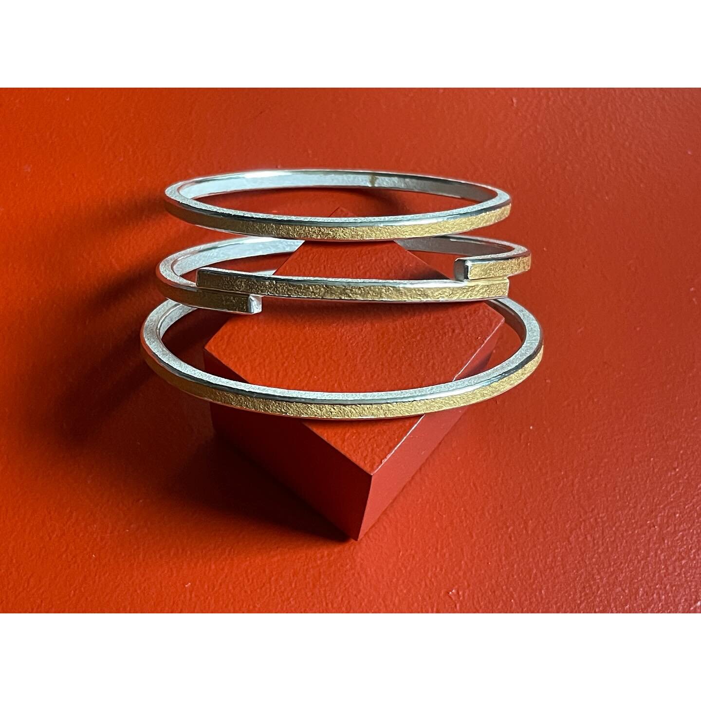 These have been collected or despatched to be given to the lucky people for whom they were commissioned&hellip;

Stone-hammered fine silver bangles, each with the outer face thickly plated in high carat gold. 

It&rsquo;s surprising how they immediat