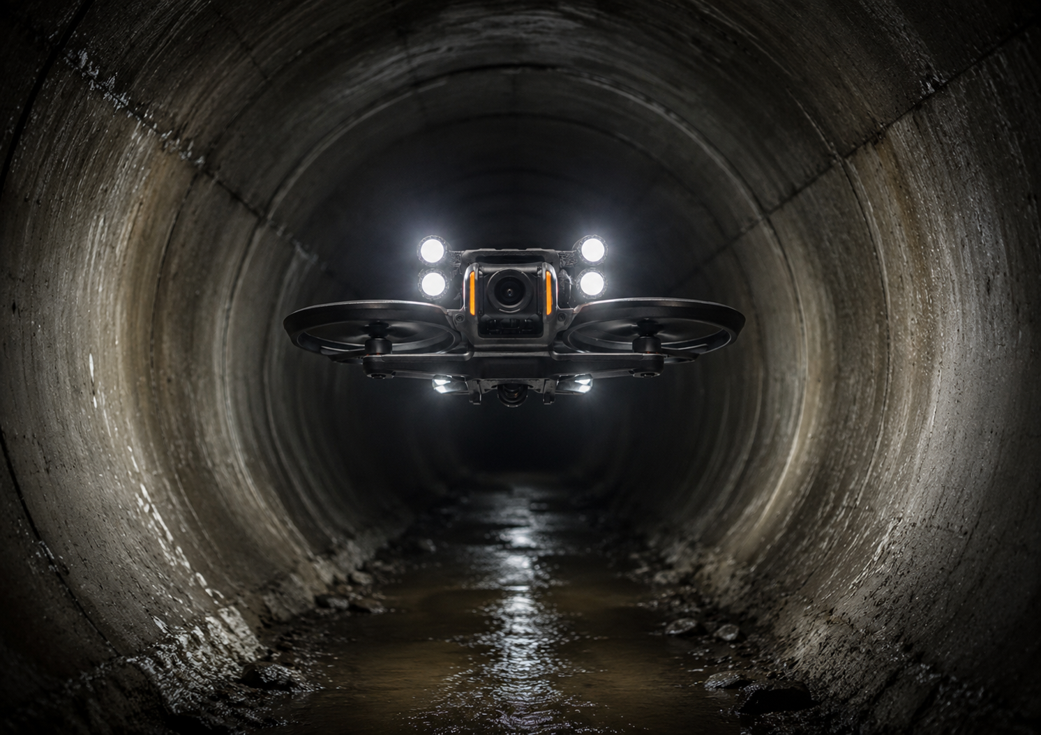 Drone flying inside a large underground concrete sewer tunnel with water pooled on the ground.