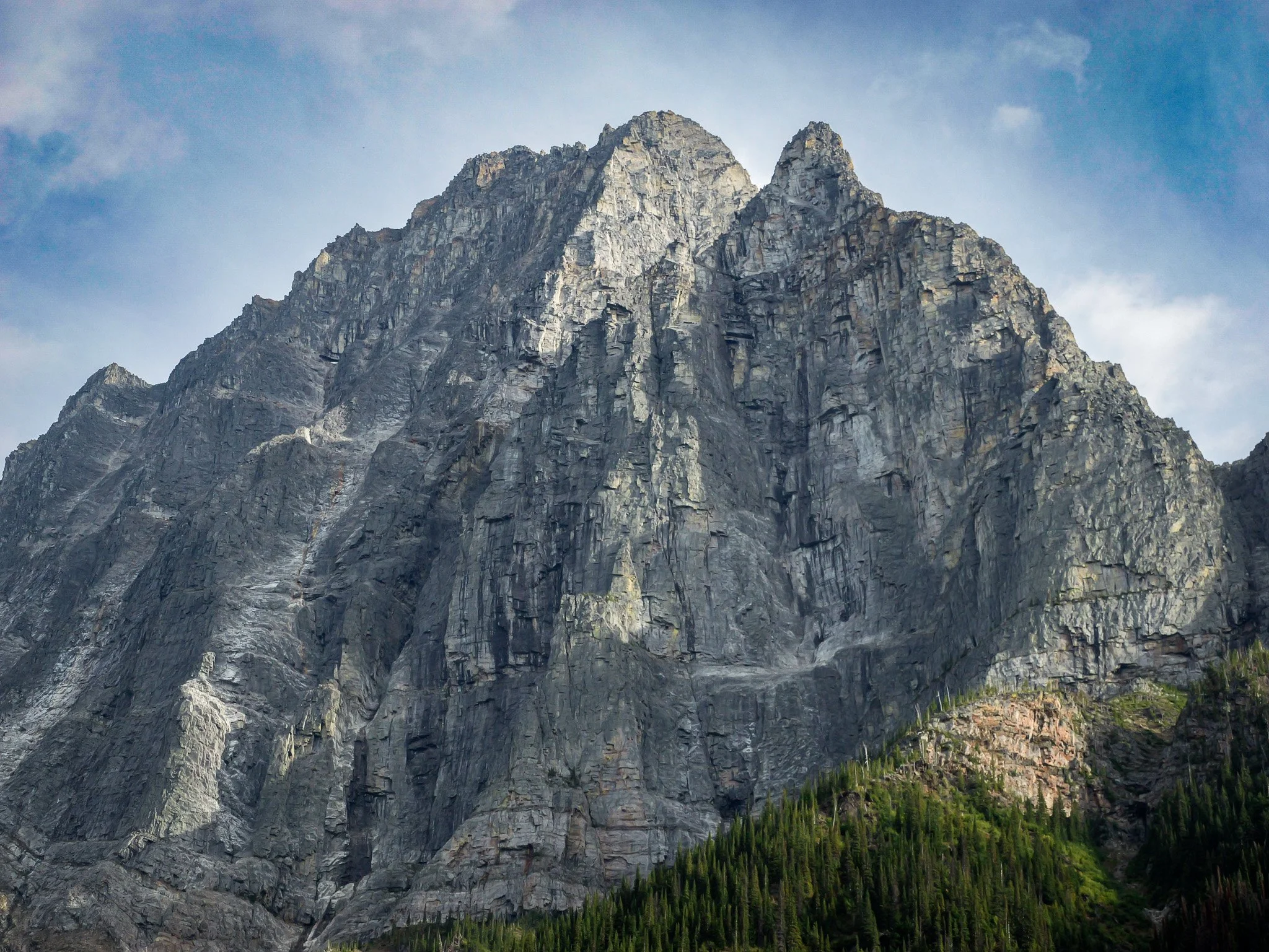 Mountain landscape: Dramatic Rocky Mountain peaks rising above a dense evergreen forest beneath a cloudy sky.
Mountain cliff: Close view of a massive rugged mountain face with steep grey rock cliffs rising above the forest Rogers Pass BC