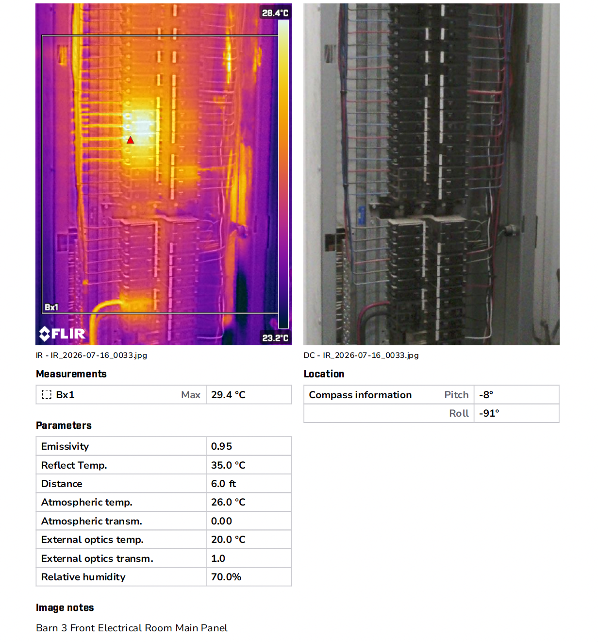 Infrared thermal image and photograph of an electrical panel in a barn's front electrical room. The thermal image shows hot spots on the panel with a maximum temperature of 29.4°C, while the regular photo shows the panel with wiring and components. Measurements include ambient temperature of 26°C and external optics temperature of 20°C.