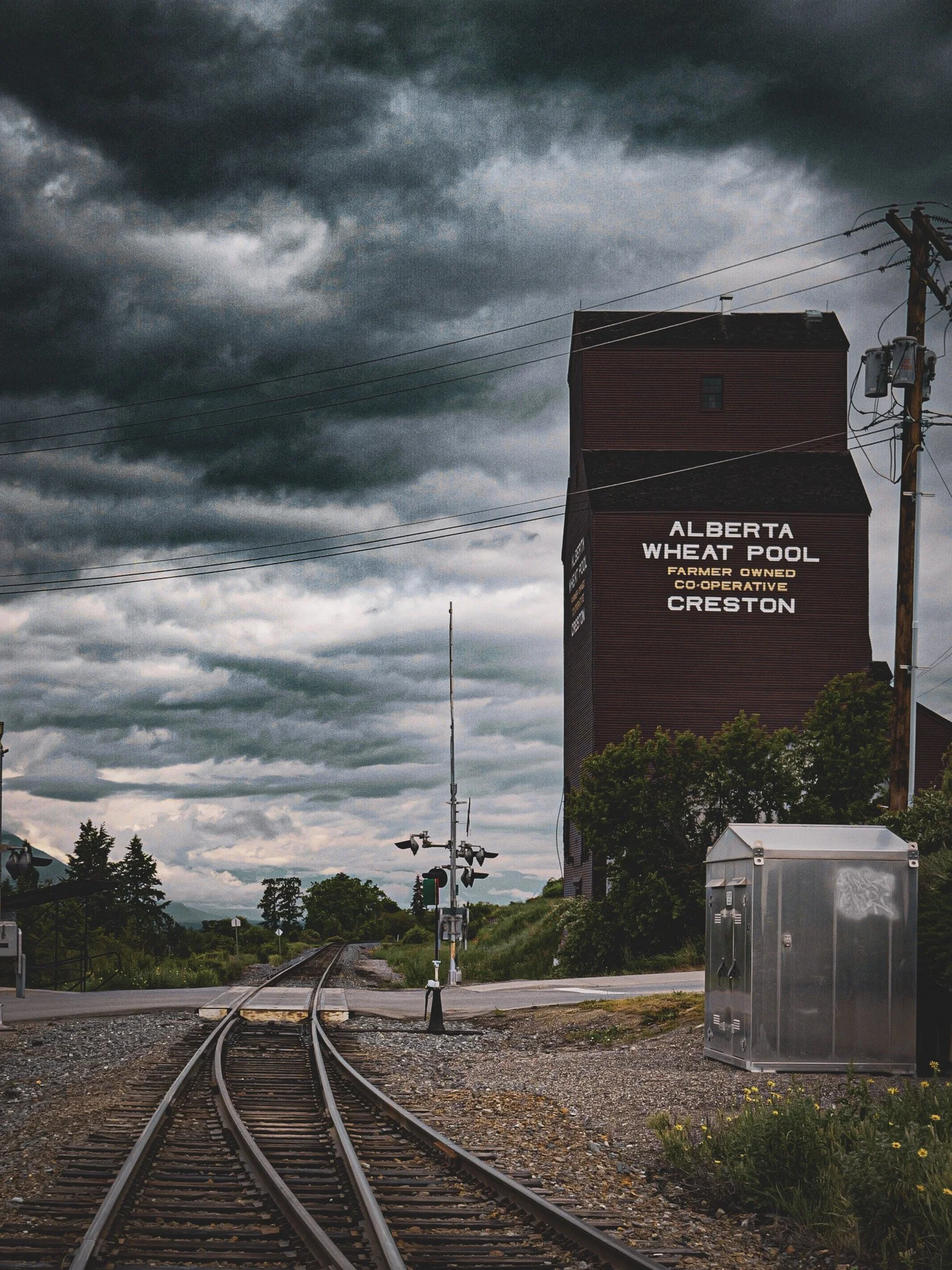 A railroad crossing with tracks leading into the distance under a dark, cloudy sky. A signal light and electrical box are visible near the crossing. In the background, there is a tall red grain elevator with a sign that reads 'Alberta Wheat Pool, Far