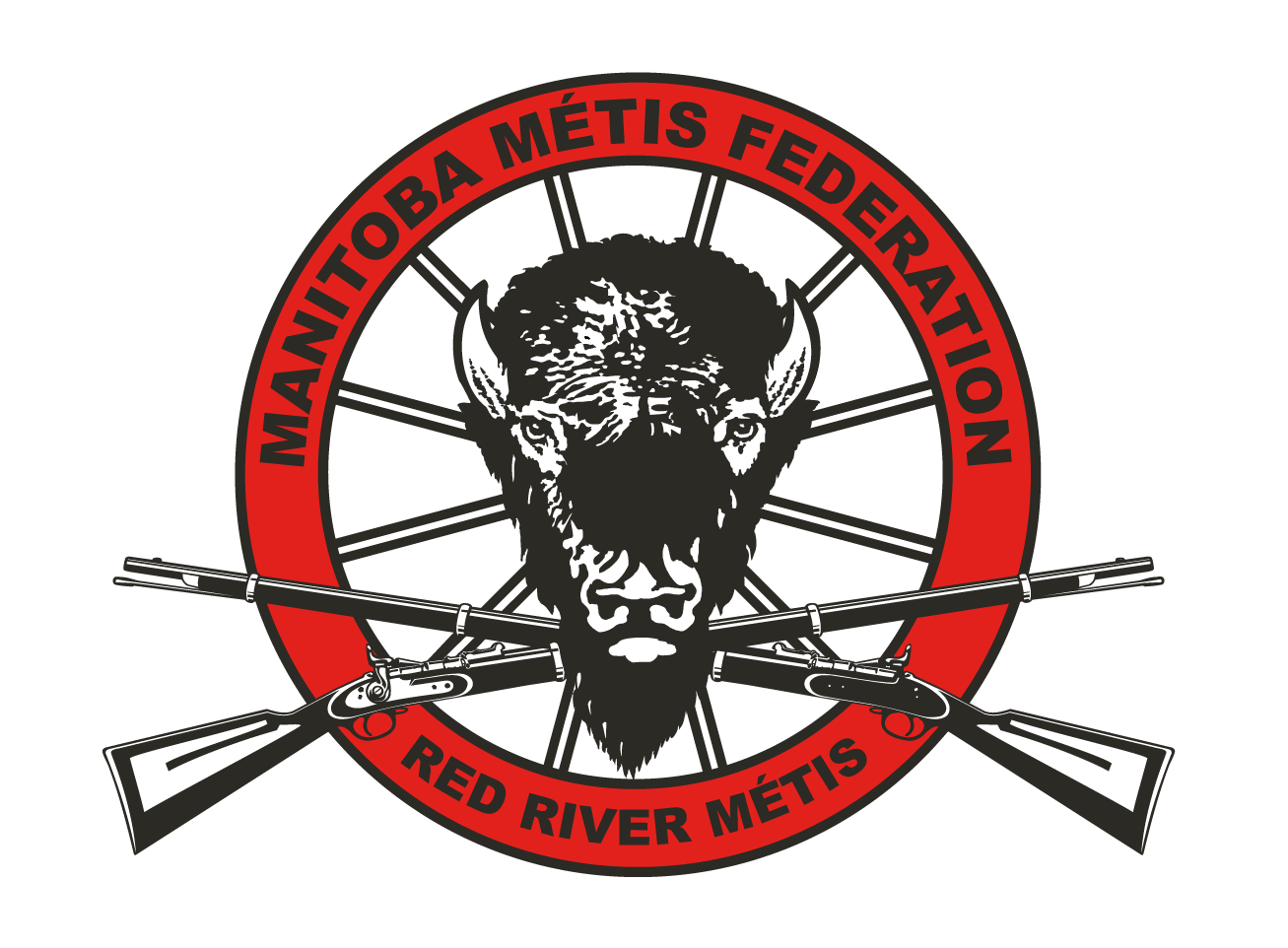 Emblem featuring a lion's face, surrounded by a red circle with the text 'MANITOBA MÉTIS FEDERATION' and 'RED RIVER MÉTIS', with two crossed rifles beneath the lion.