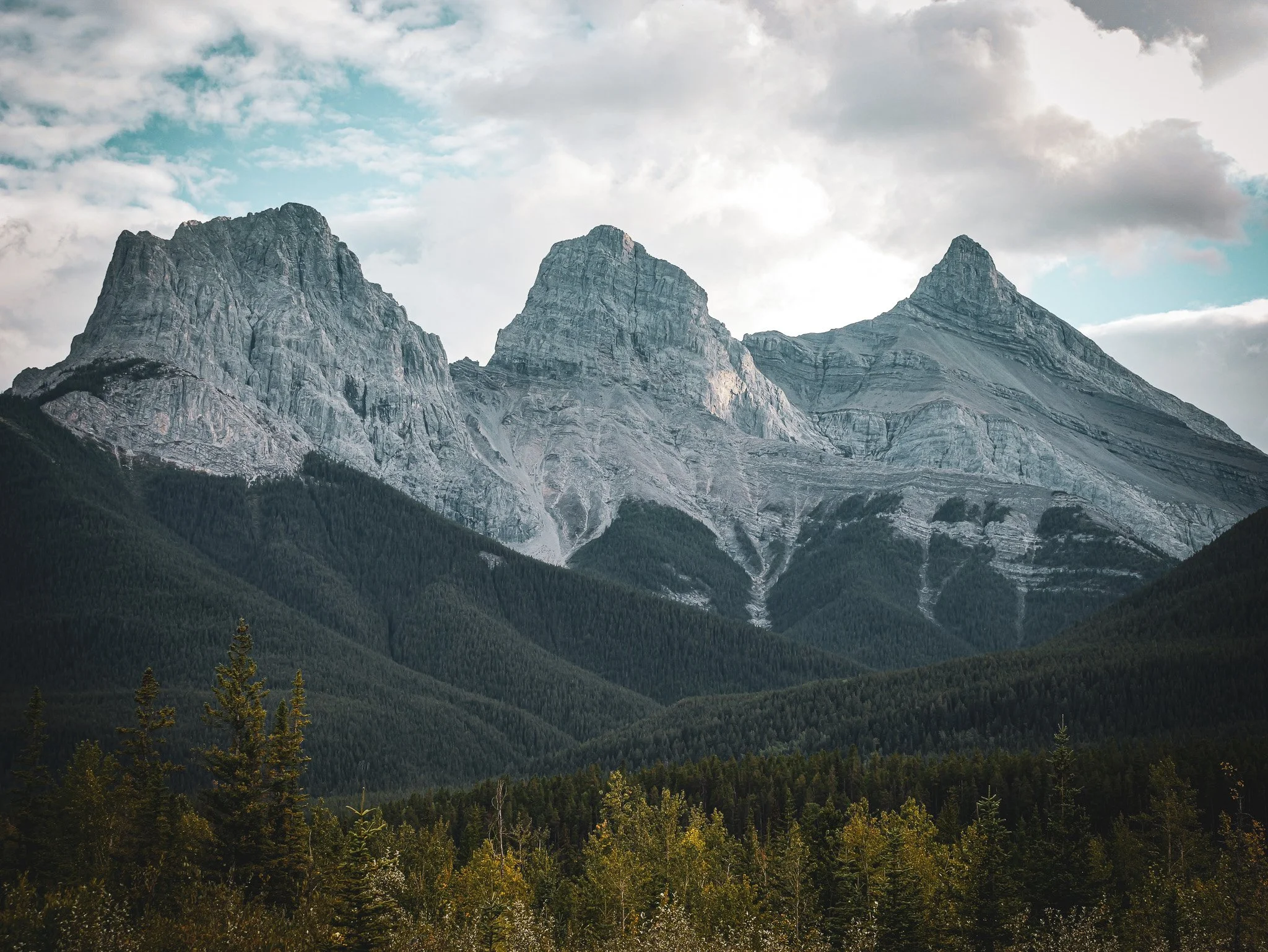 Mountain landscape with rocky peaks, dense forest in the foreground, and a cloudy sky.
