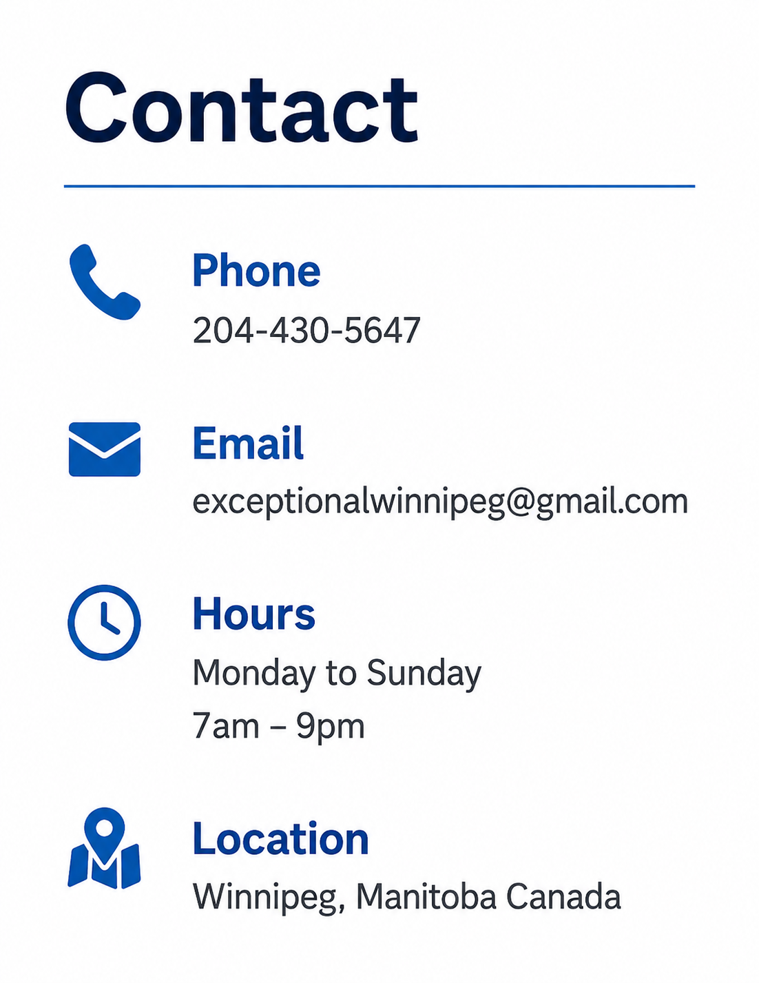 Contact information card with phone number, email, hours of operation, and location in Winnipeg, Manitoba, Canada.