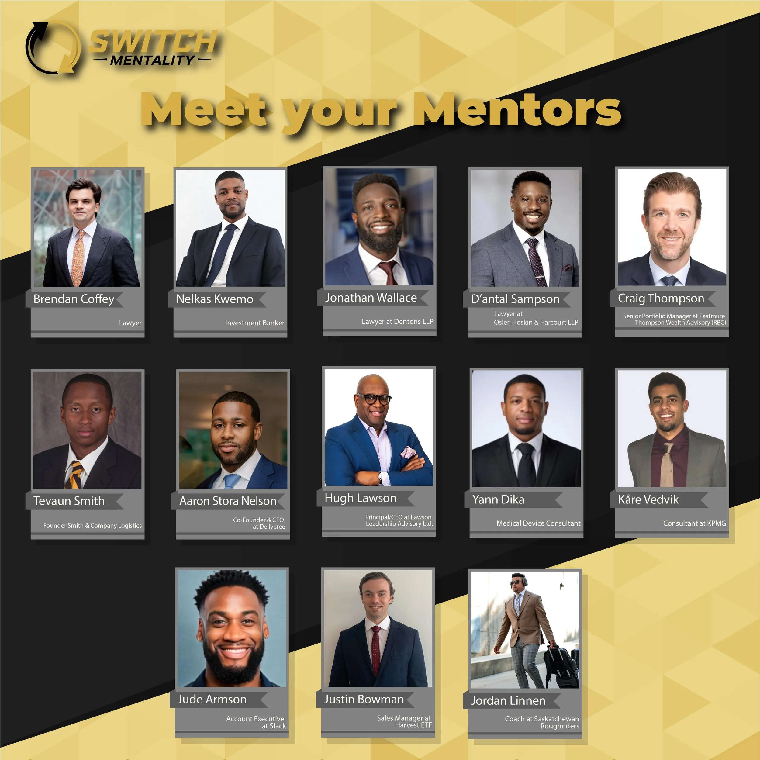 Group photo of mentors for Switch Mentality, featuring 15 men in professional attire, with their names and titles displayed below each. The background is black and gold with a geometric pattern, with the text 'Meet your Mentors' at the top.