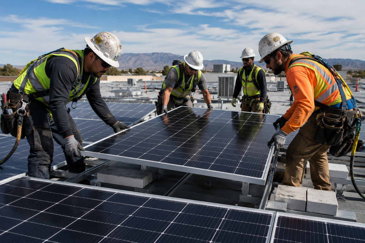Solar installers adding panels to a commercial building