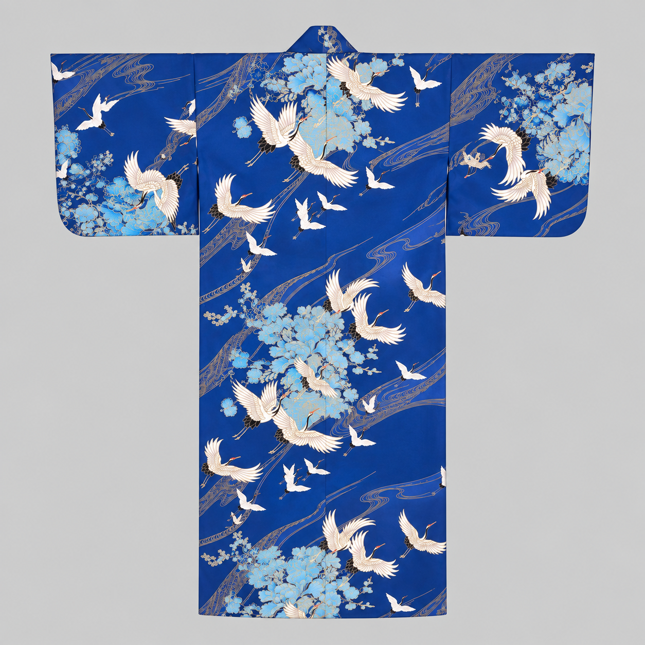 Yukata long en coton - Grues sur fond bleu