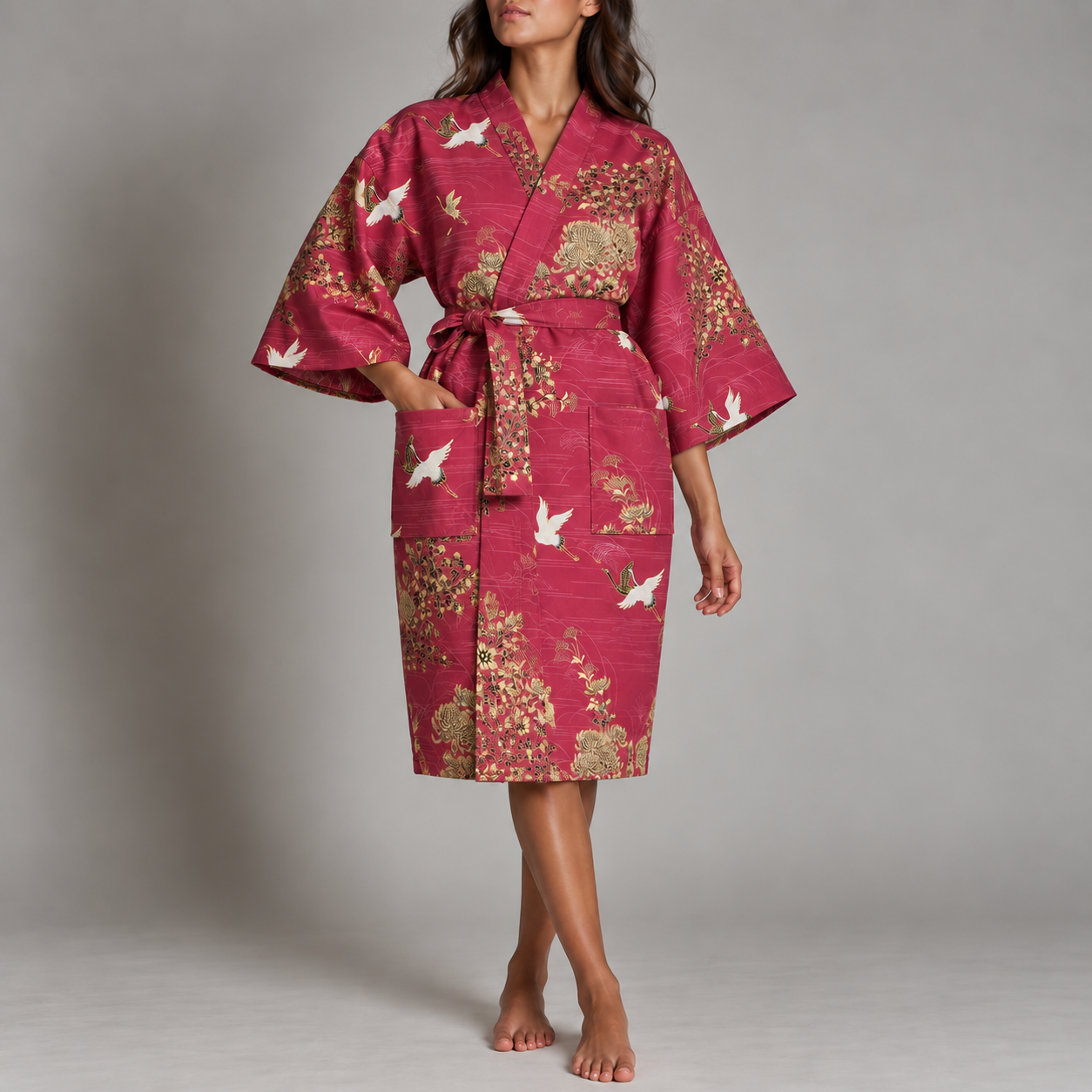 Yukata court en coton - Grues et arbres sur fond rouge