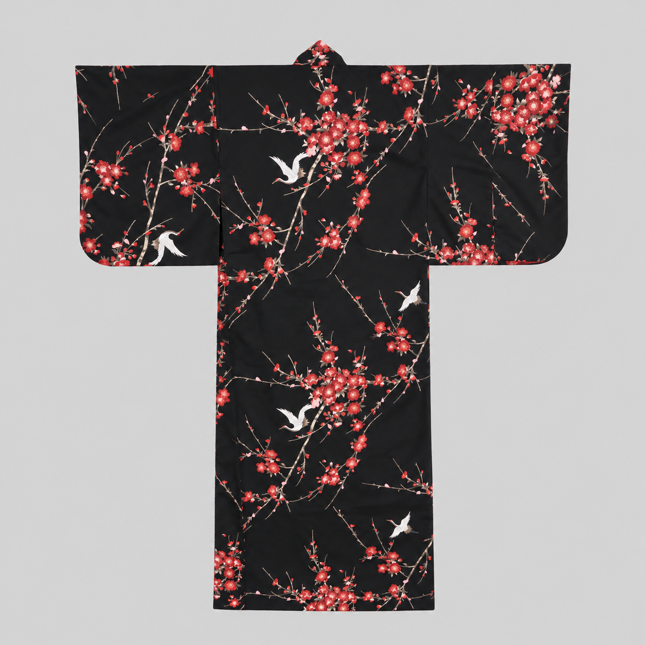 Yukata long en coton - Cerisiers sur fond noir