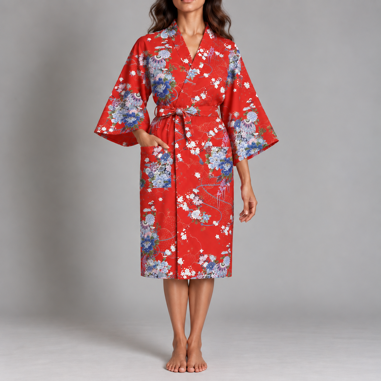 Yukata court en coton - Fleurs et branches de cerisiers sur fond rouge