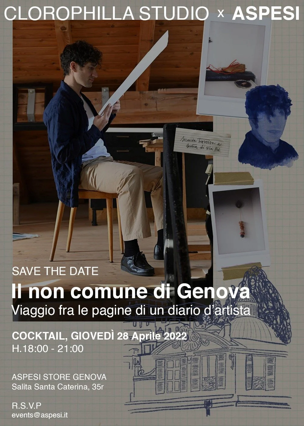 I was invited by ASPESI to tell about Genoa and its inhabitants.  The result was a sort of visual diary where the picture of the genovese photographer Michele Luigi Mulas mix with drawings and impressions of the city