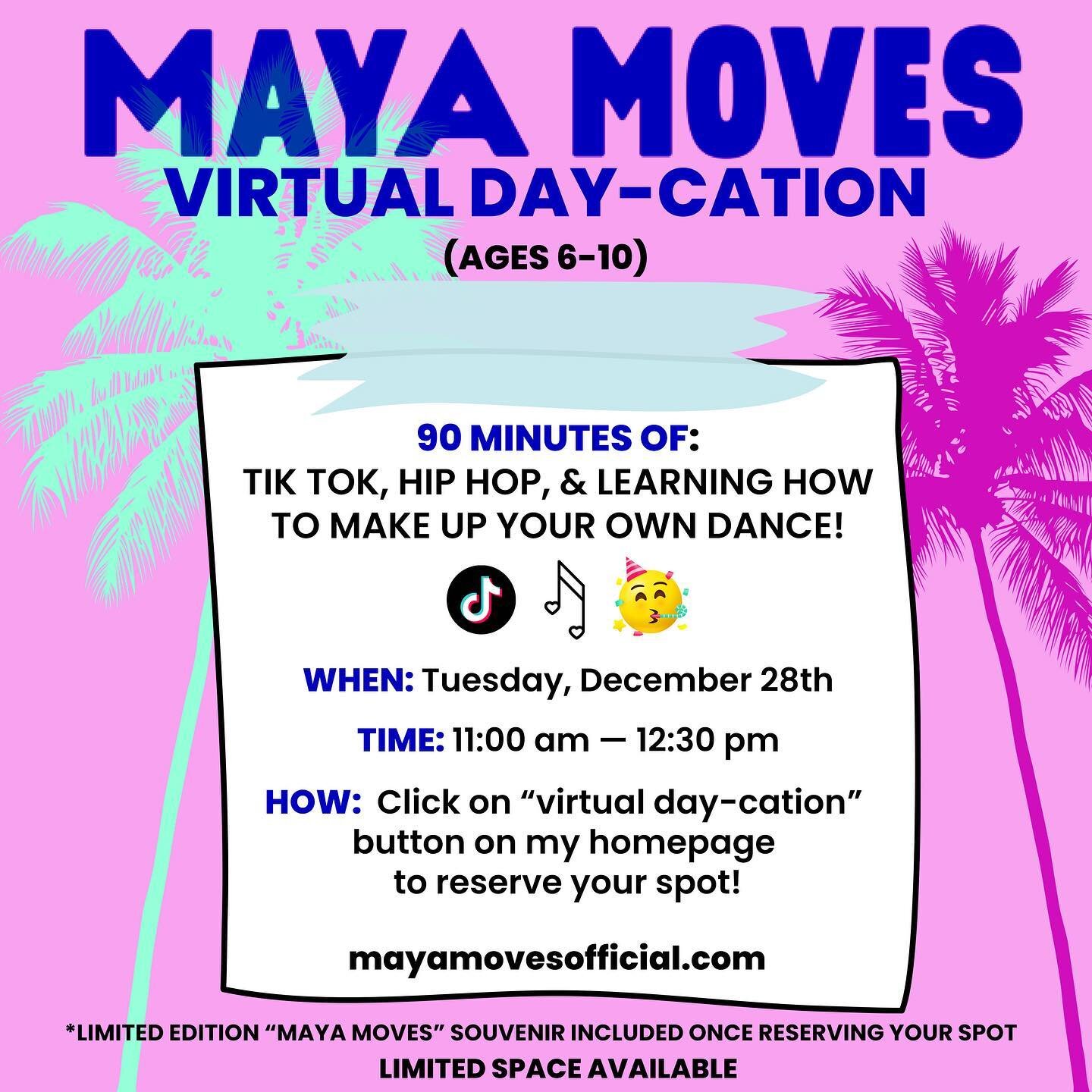 Because parents need a vacation too!  90 minutes of MOVES (for ages 6-10) 🌴 *space is limited* Link in bio to sign up! **TYPO: Tuesday, December 29th!**