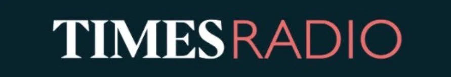 A close-up of a website builder workspace showcasing a dark blue Times Radio banner logo beneath a text snippet referencing a Holiday Let Business podcast from August 2023