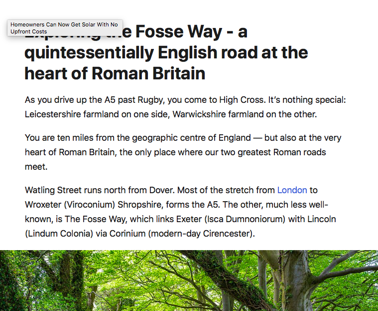 A digital article clipping titled Exploring the Fosse Way - a quintessentially English road at the heart of Roman Britain, featuring travel and historical text above a photograph of green trees