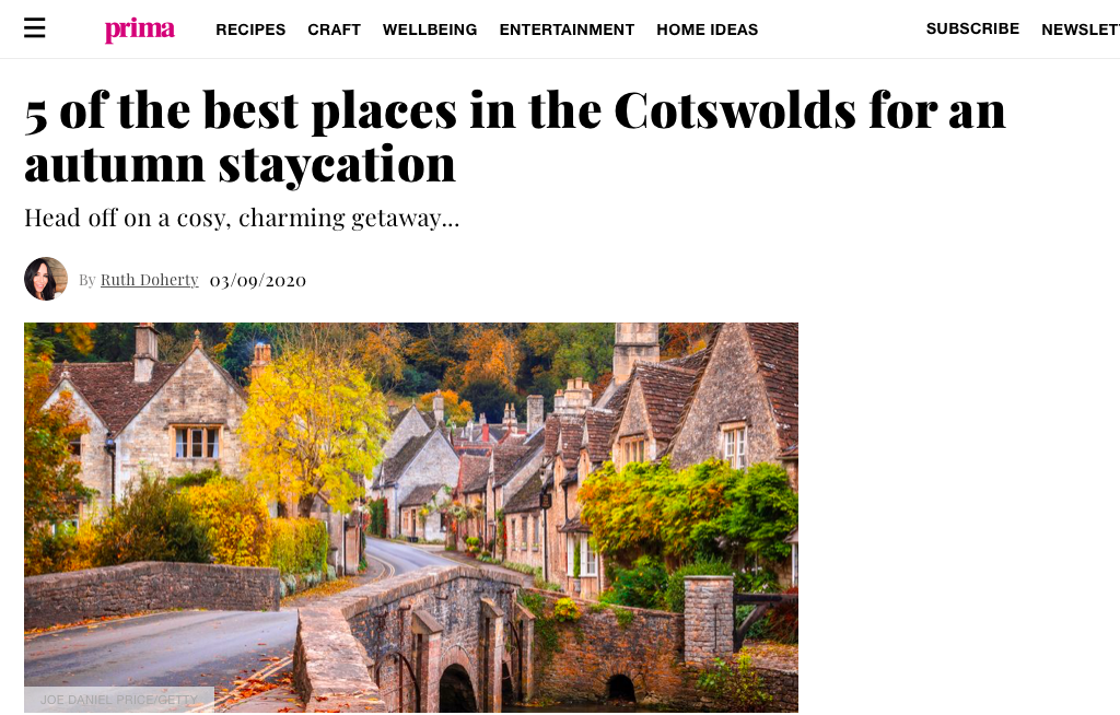 A digital article clipping from Prima magazine titled 5 of the best places in the Cotswolds for an autumn staycation, featuring an illustrative photo of a traditional stone village cottages and an old stone bridge