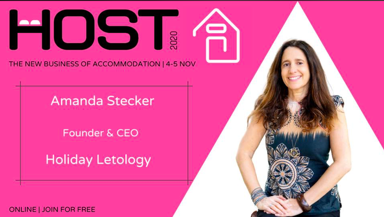 A close-up of a purple promotional banner for Host 2020 featuring Amanda Stecker, Founder and CEO of Holiday Letology, with her portrait on the right