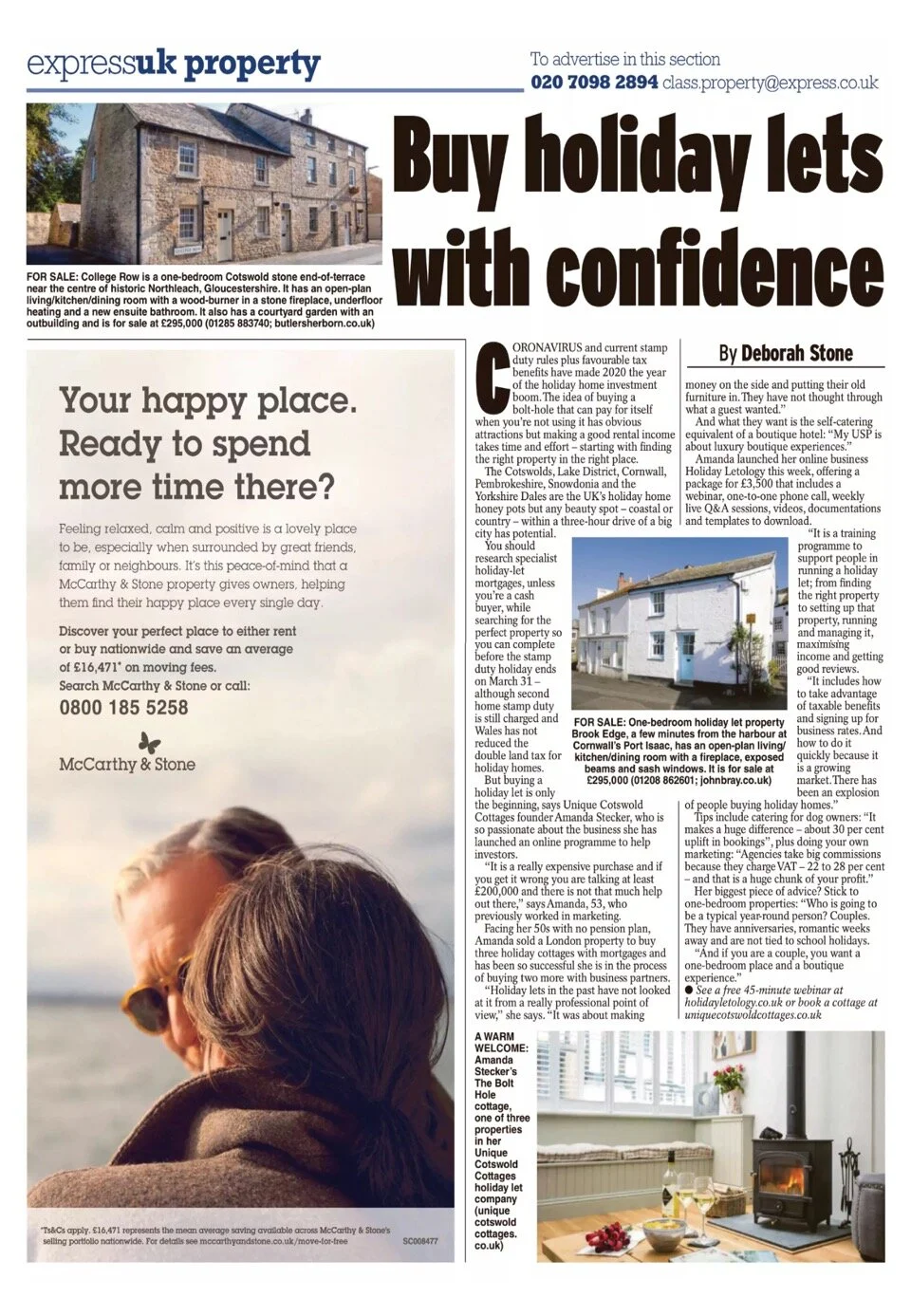 A news clipping from Express UK Property titled Buy holiday lets with confidence, discussing the holiday home investment market and featuring a cottage property listings