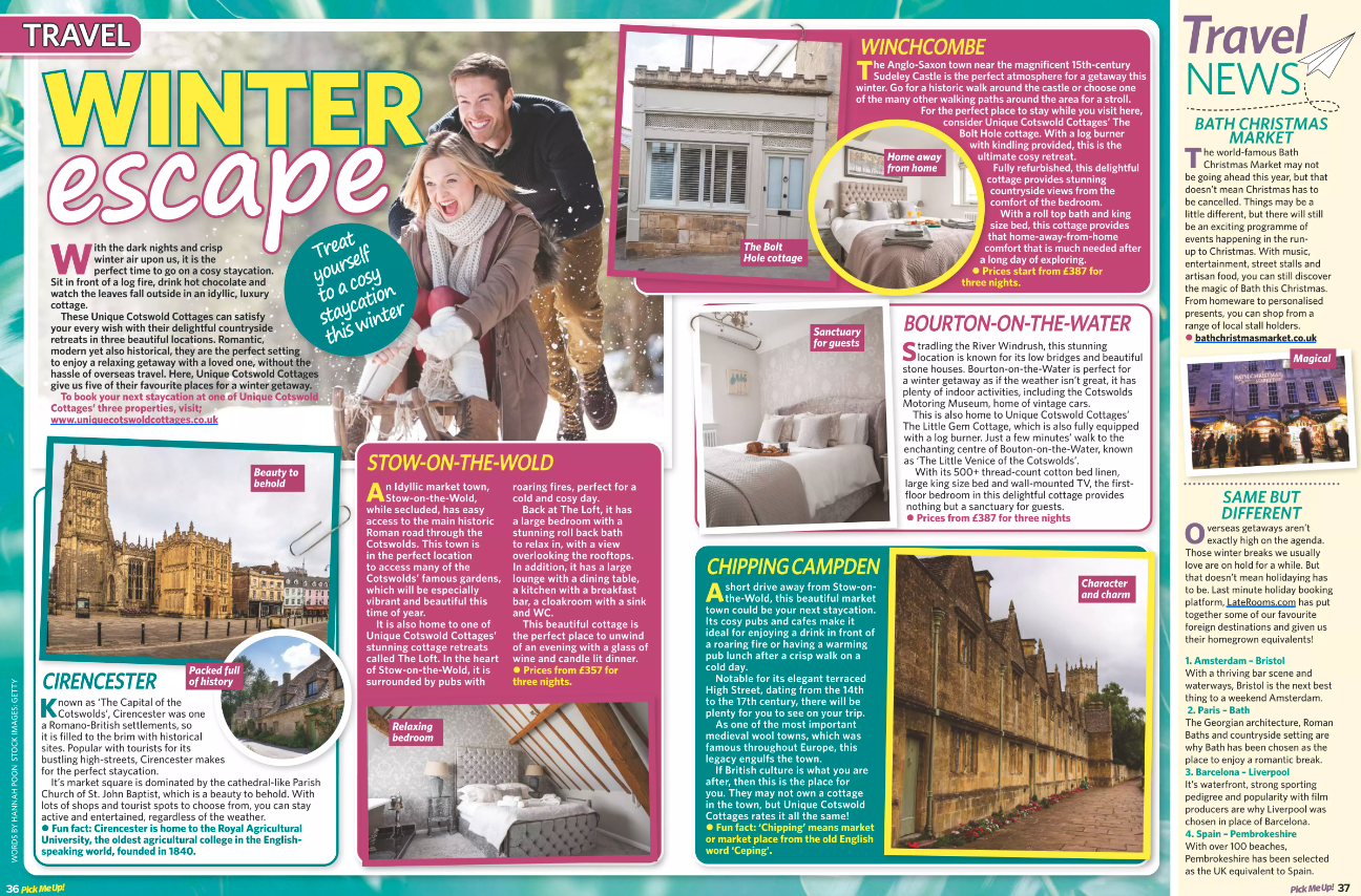 A travel magazine feature spread titled Winter escape highlighting Cotswold destinations and holiday rental properties from Unique Cotswold Cottages