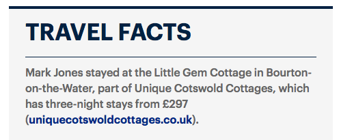 A close-up magazine clipping of a Travel Facts information box highlighting a stay at Little Gem Cottage in Bourton=on-the-Water