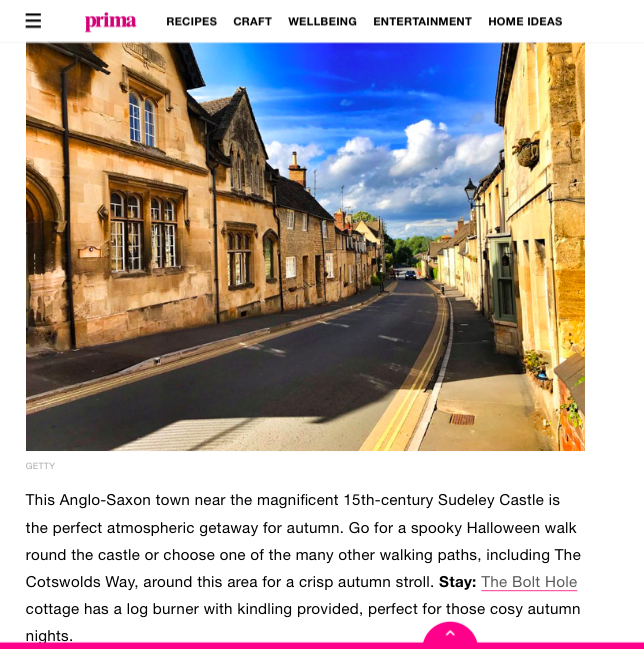 A screenshot of an online article from Prima.co.uk titled Anglo-Saxon town near Sudeley Castle, featuring a photo of a quaint village street with traditional Cotswold stone buildings under a blue sky