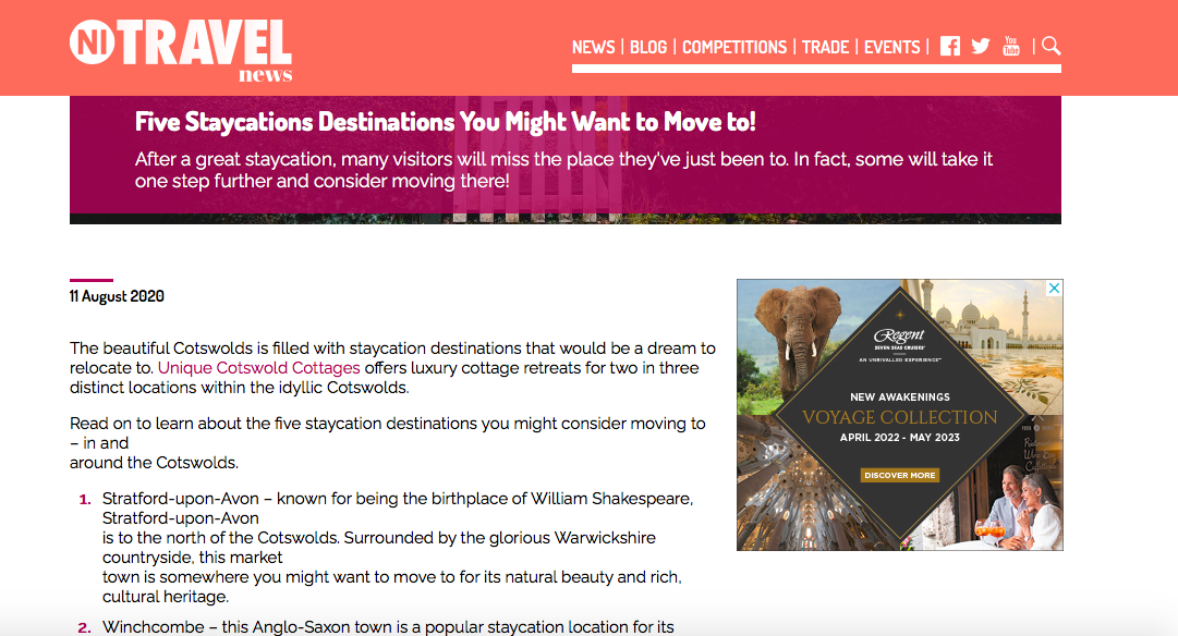 A website article screenshot from NI Travel news titled Five Staycations Destinations You Might Want to Move to, highlighting luxury cottage retreats by Unique Cotswold Cottages