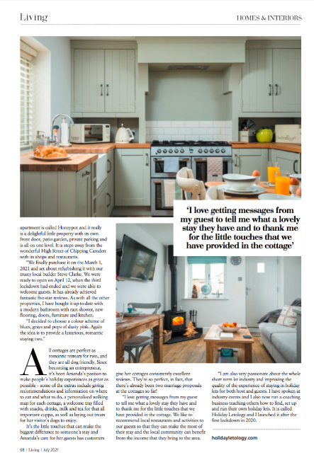 A magazine feature layout showing a modern grey country kitchen and a cozy living area inside Amanda Stecker's Cotswold holiday cottage