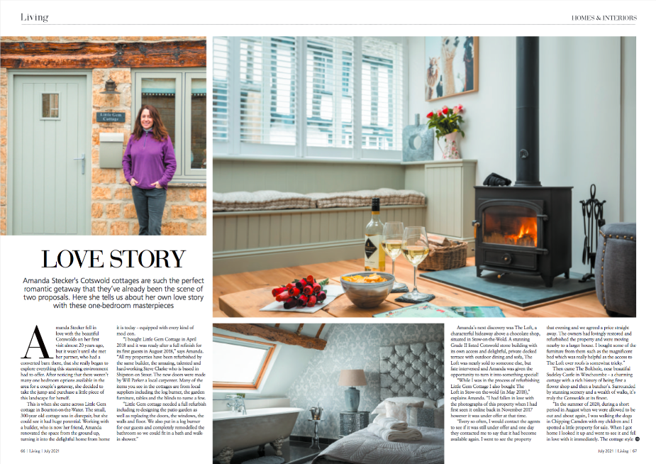 A magazine editorial spread titled Love Story featuring interior design photography and a feature article on Amanda Stecker's Cotswold holiday cottages