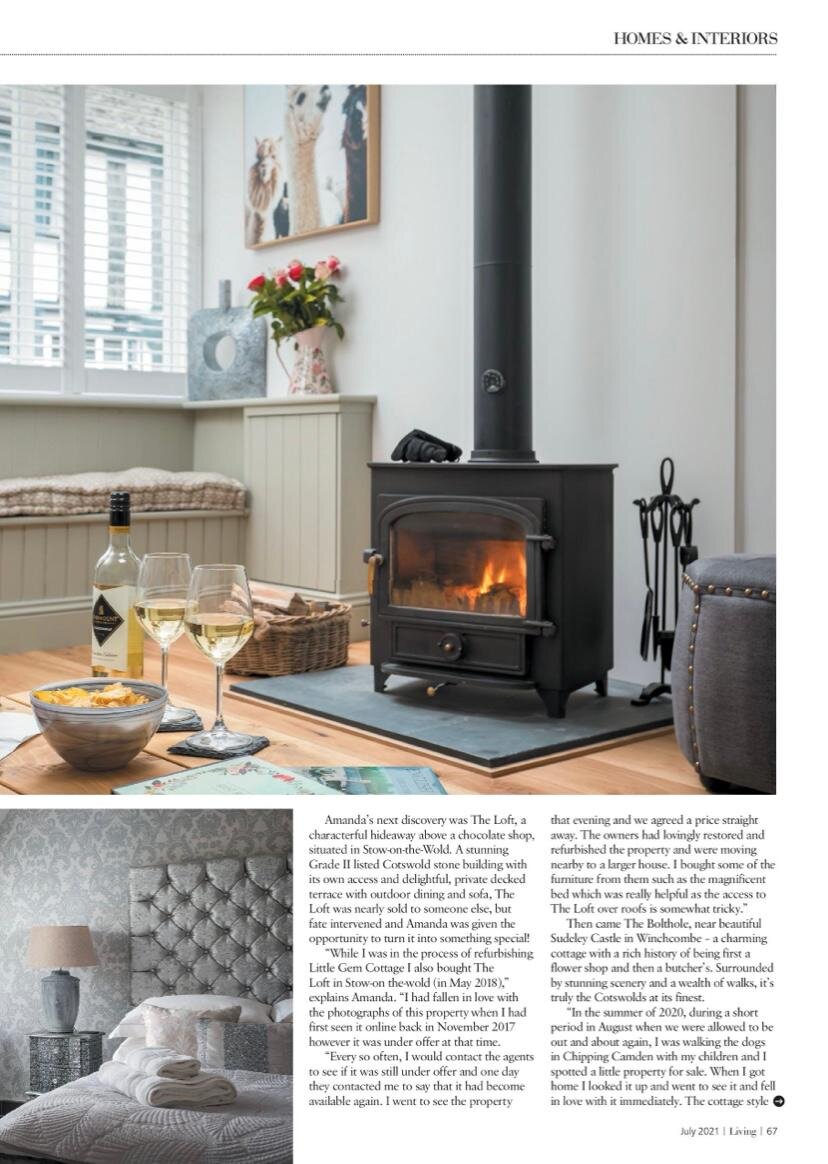 A digital magazine clipping from Oxfordshire Living titled Homes and Interiors, displaying an article text layout alongside photographs of a cozy living room with a wood-burning stove and a beautifully styled bedroom