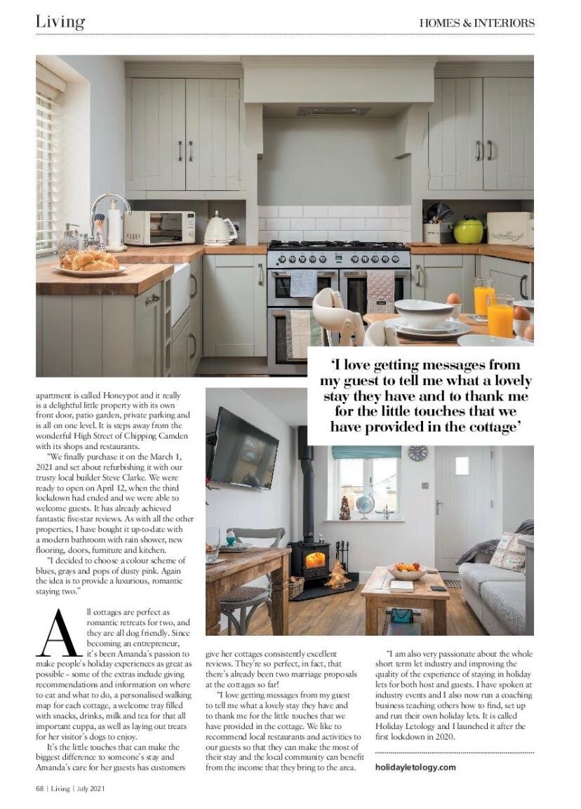 A digital magazine clipping from Oxfordshire Living titled Homes and Interiors, showing article columns accompanied by photos of a modern country-style kitchen, a cozy lounge area, and a prominent pull-quote about guest hospitality